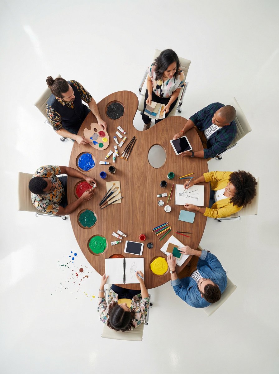 Ultra wide angle hyper realistic top down flat lay photograph...