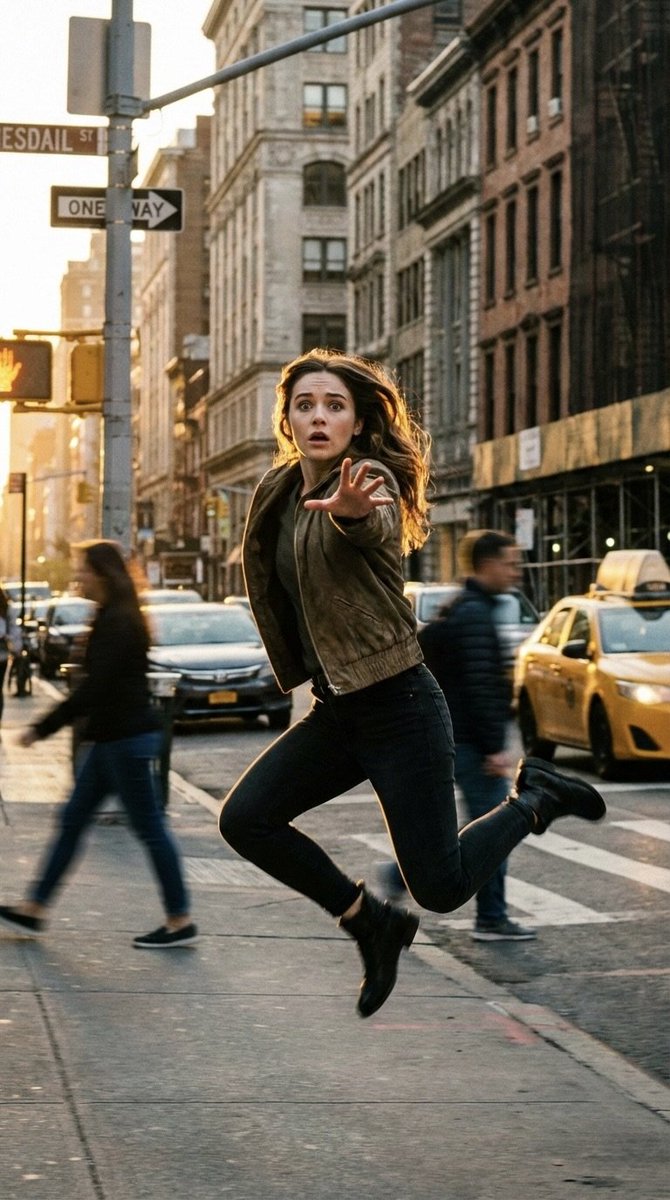A cinematic freeze frame shot of a young woman suspended in m...