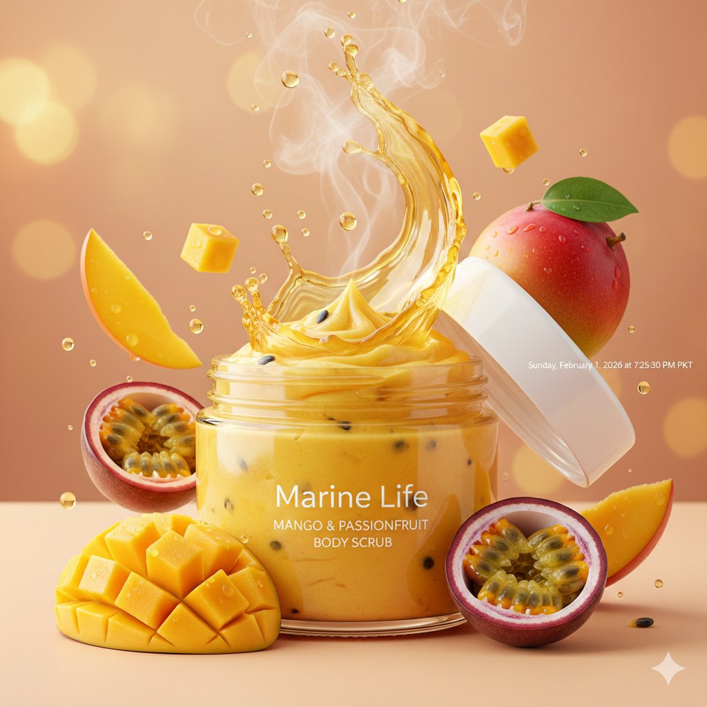 Luxurious tropical body scrub product photography, open jar o...