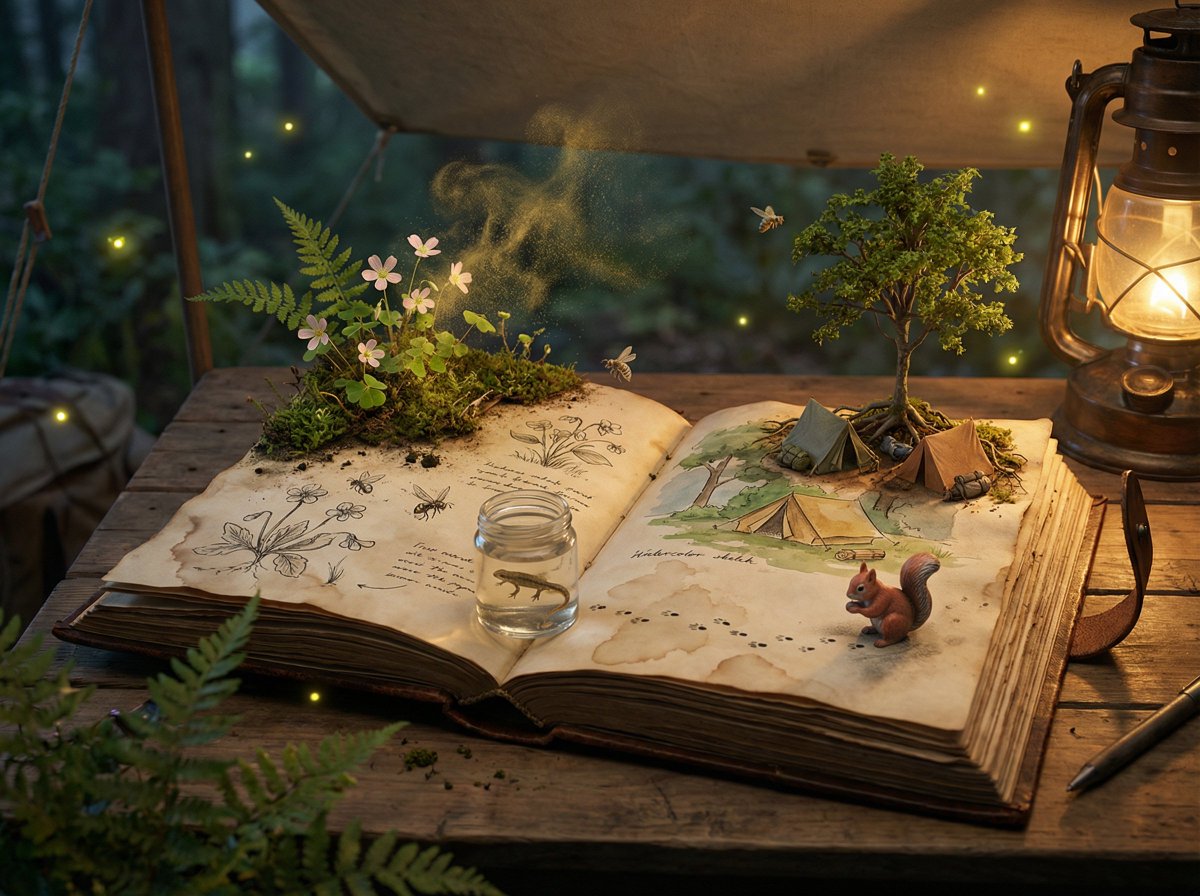 Epic 3D scene: a weathered field journal lies open on a natur...