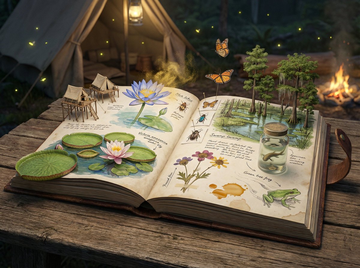 Epic 3D scene: a weathered field journal lies open on a natur...