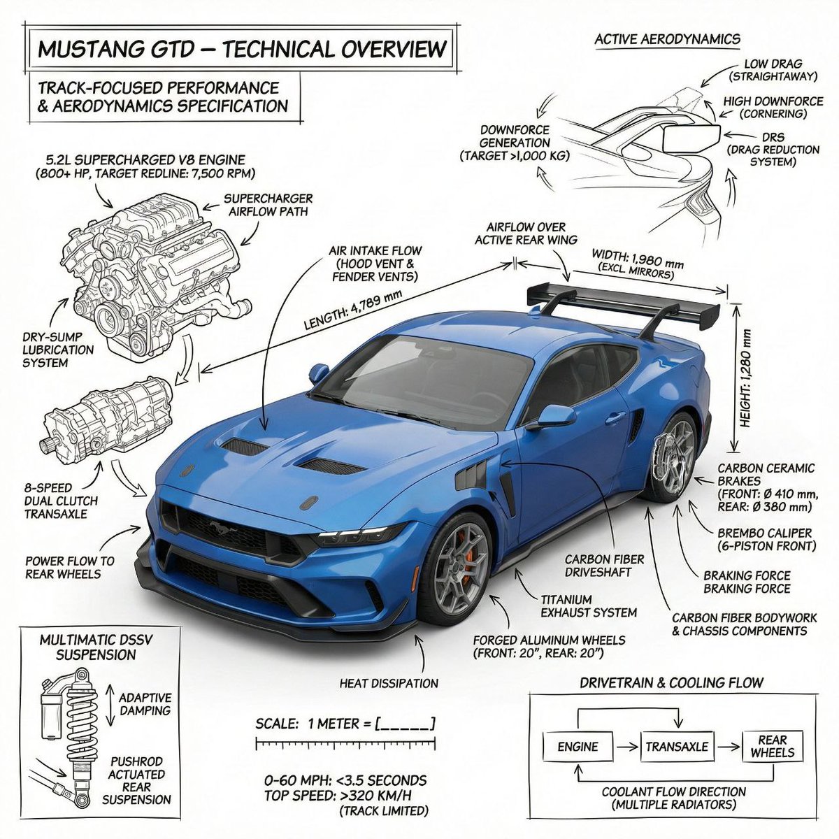 Create an infographic image of Mustang GTD combining a realis...