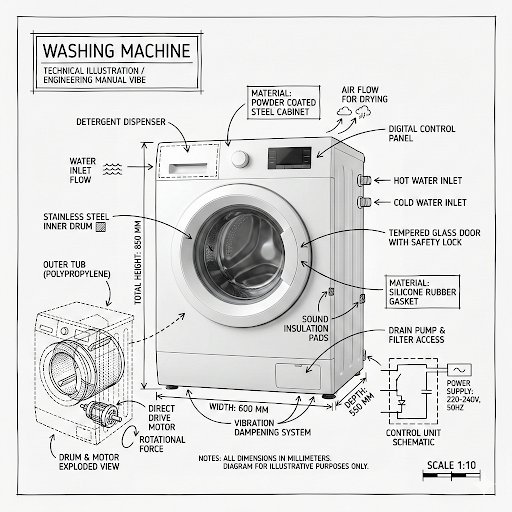 Create an infographic image of [washing machine], combining a...