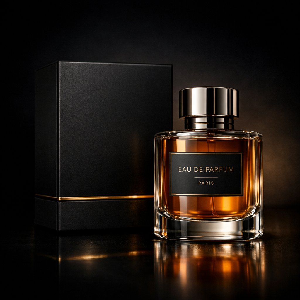 Luxury perfume product photography in a dark cinematic studio...