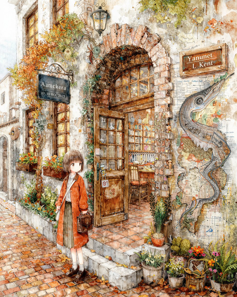 秋の古書店の前で