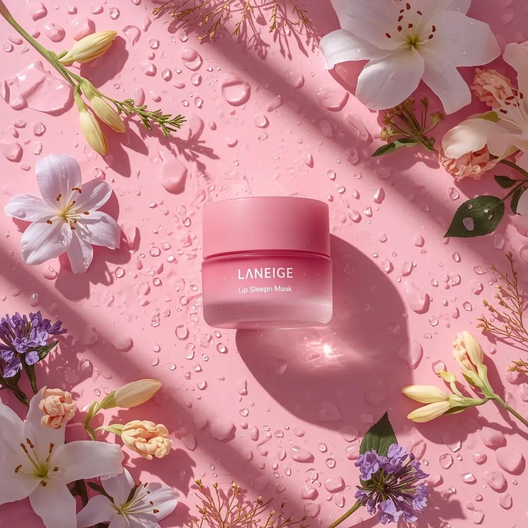 A hyper realistic beauty product photograph of a pink [LANEIG...