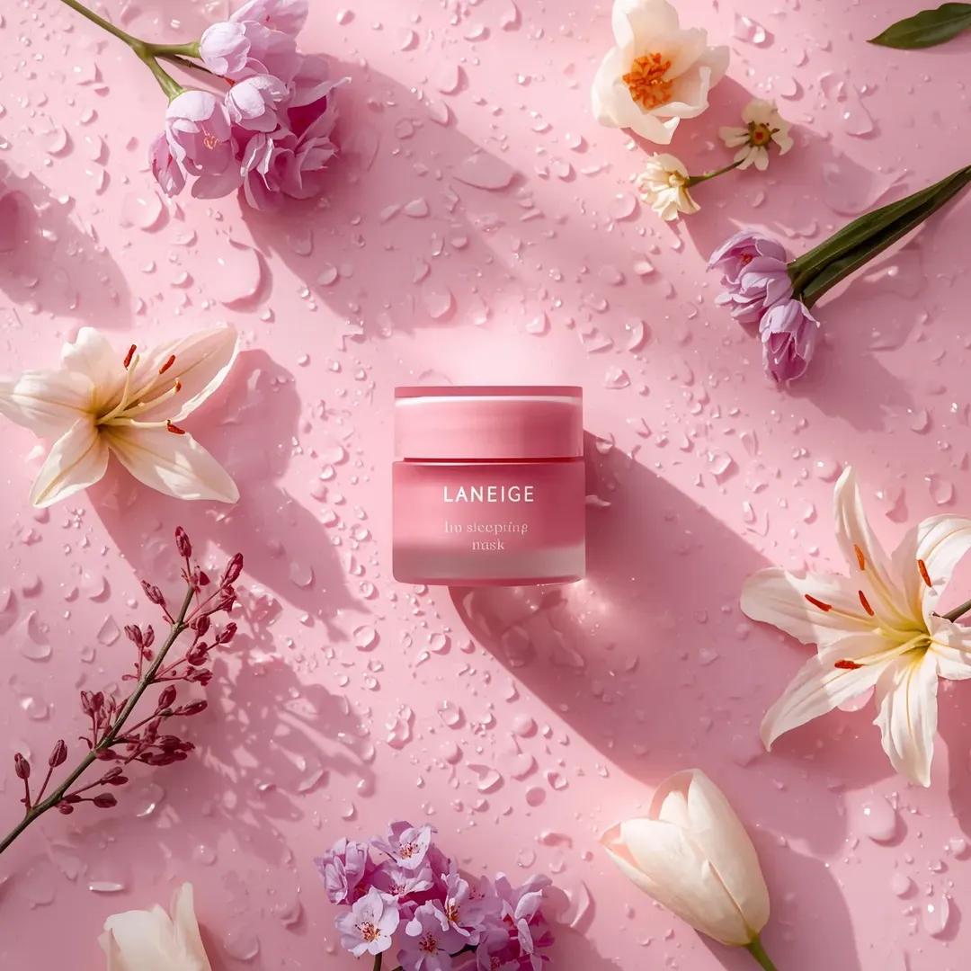 A hyper realistic beauty product photograph of a pink [LANEIG...