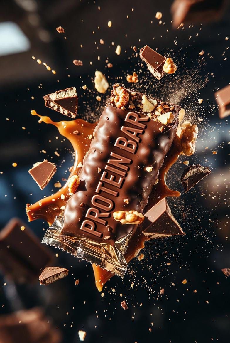 Ultra cinematic product photography of a premium protein bar...