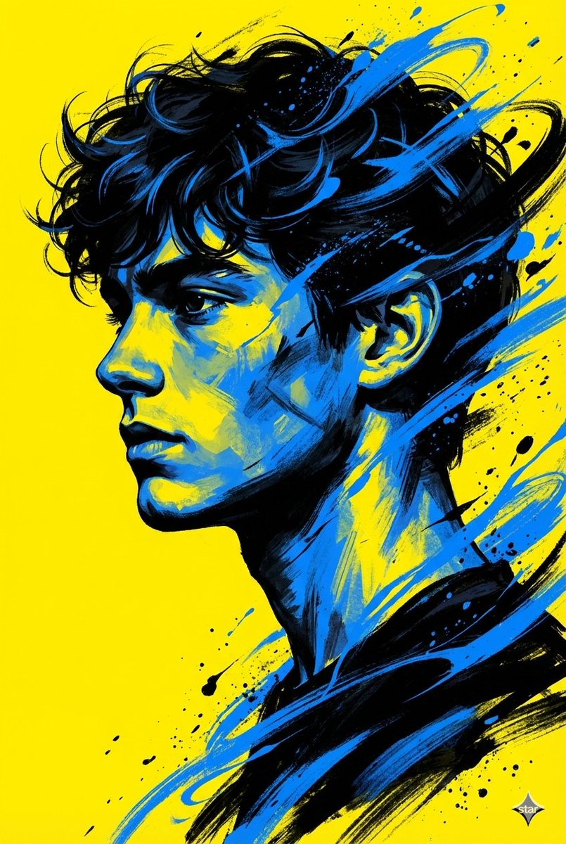 A bold, high contrast digital portrait of a young man in side...