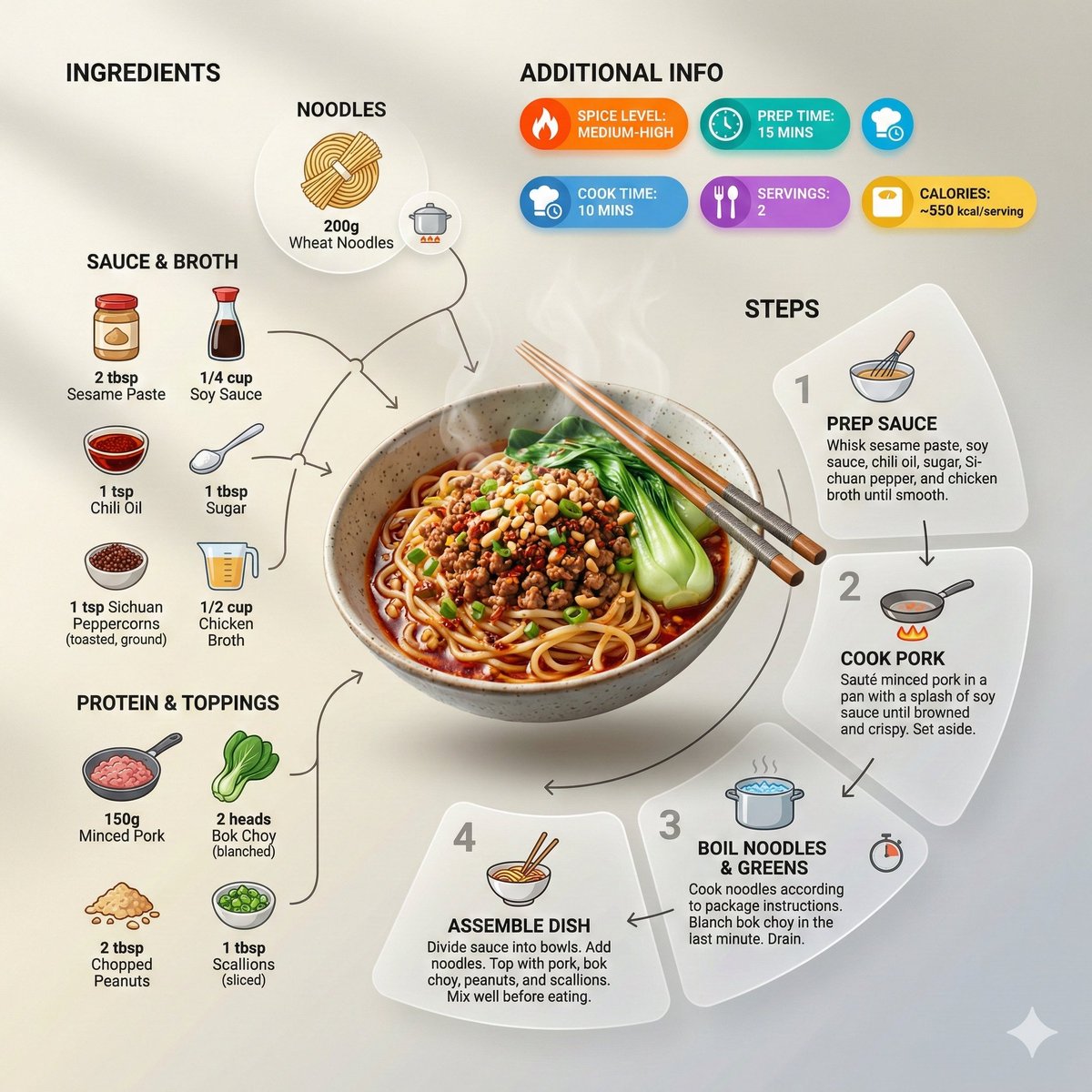 Ultra clean modern recipe infographic. Showcase Noodles in a...