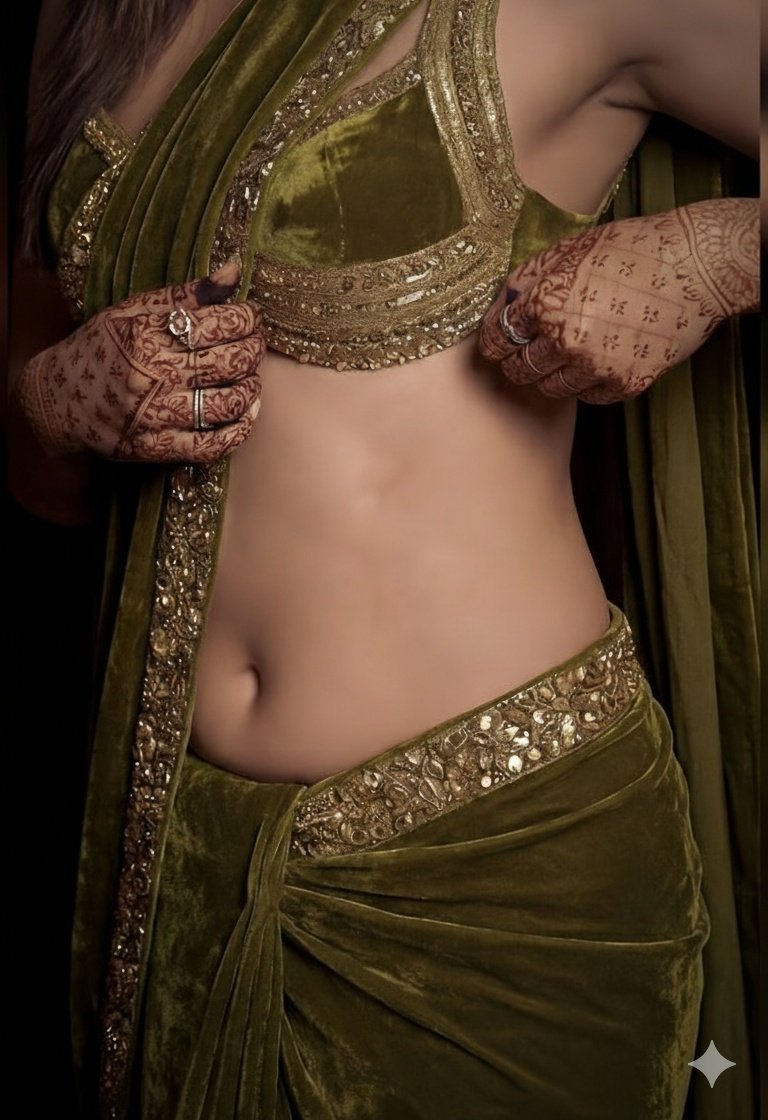 A detailed, high fashion studio photograph of a woman posing...