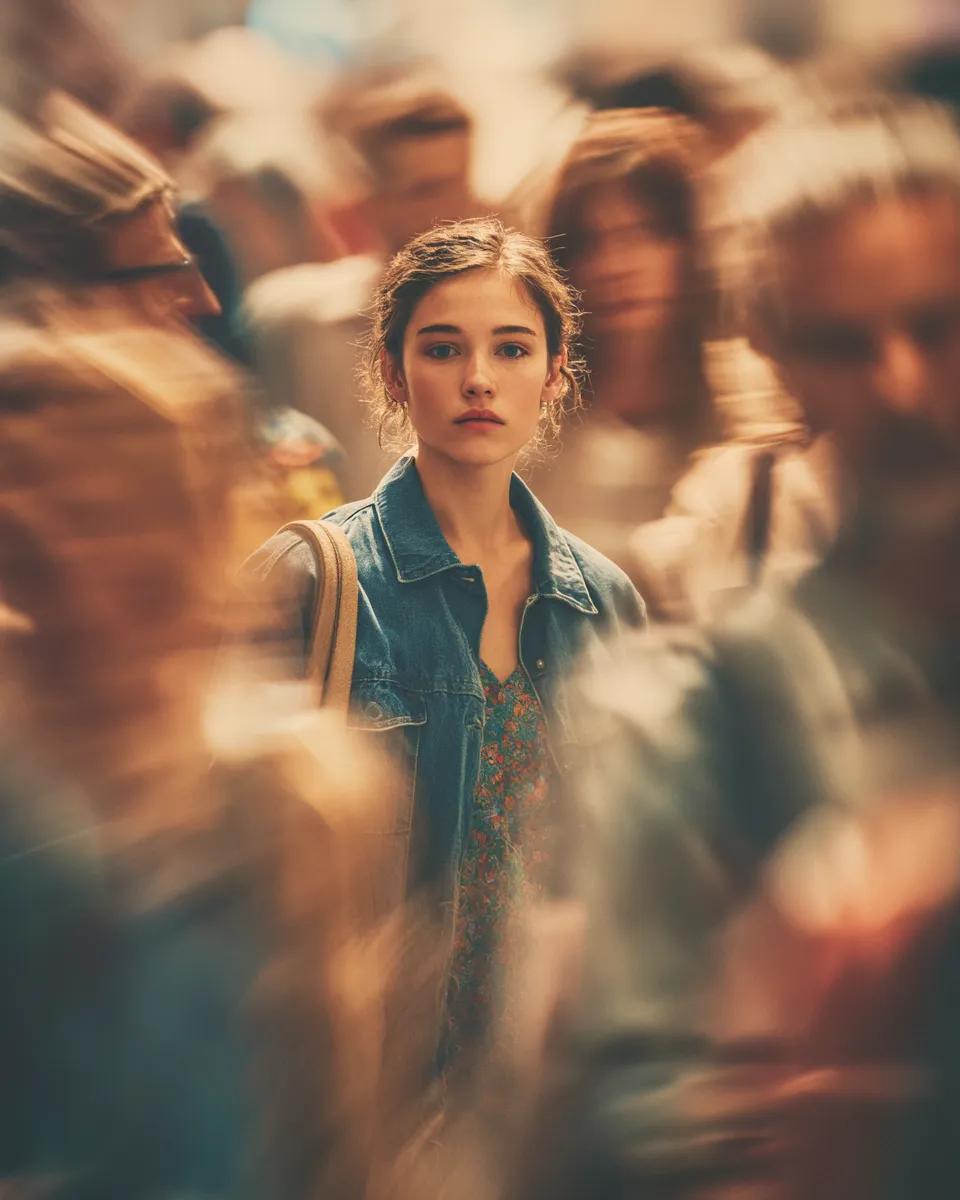 Cinematic portrait of a young person standing still in the mi...