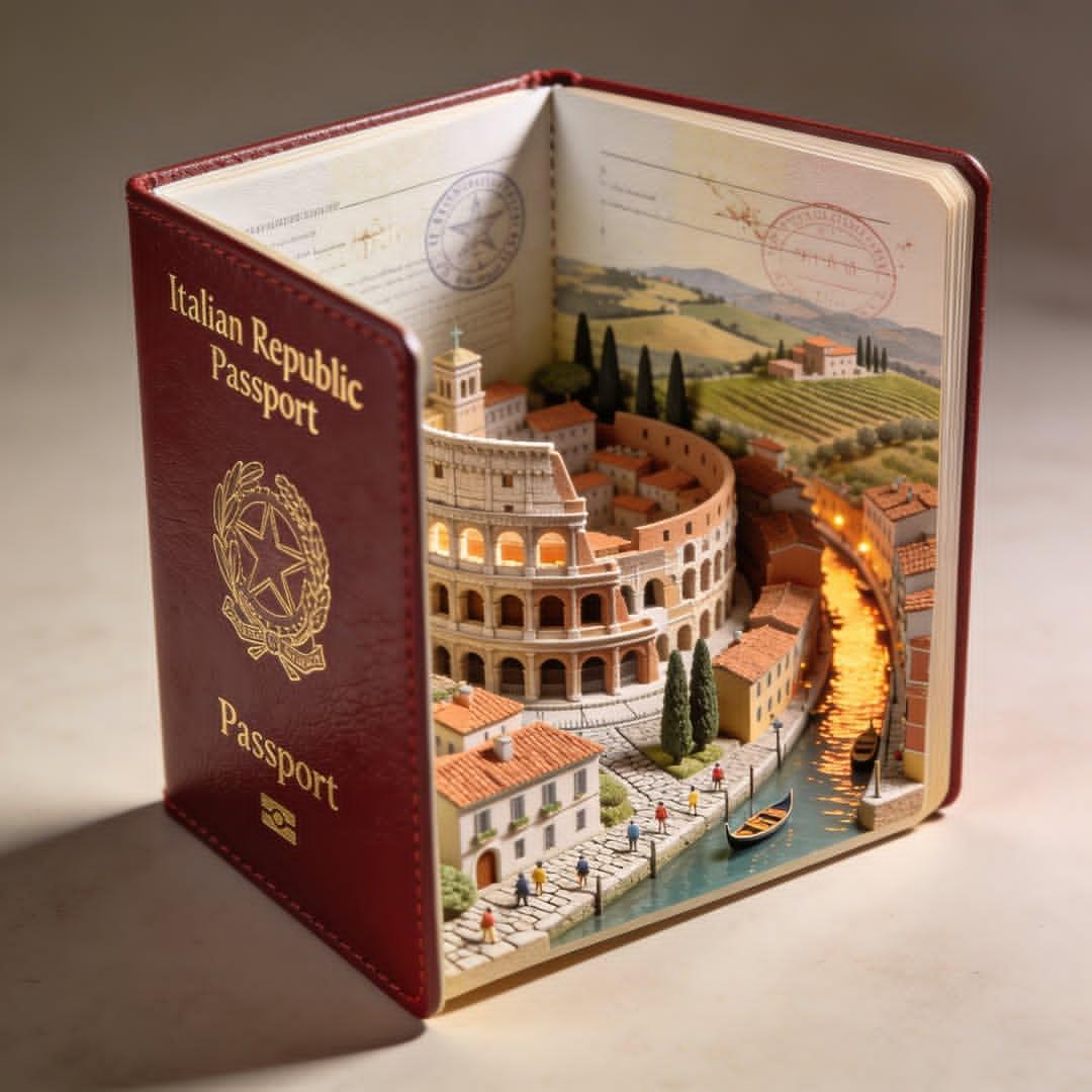 Hyper realistic open [COUNTRY] passport on a studio surface,...