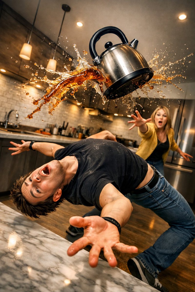 Surreal comedic scene inside a modern kitchen: a young man be...