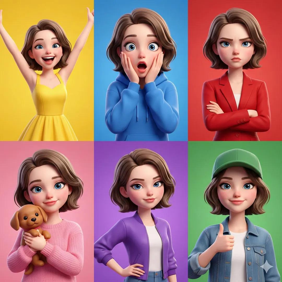 3D Pixar style animated girl shown in a 6 panel grid, same ch...