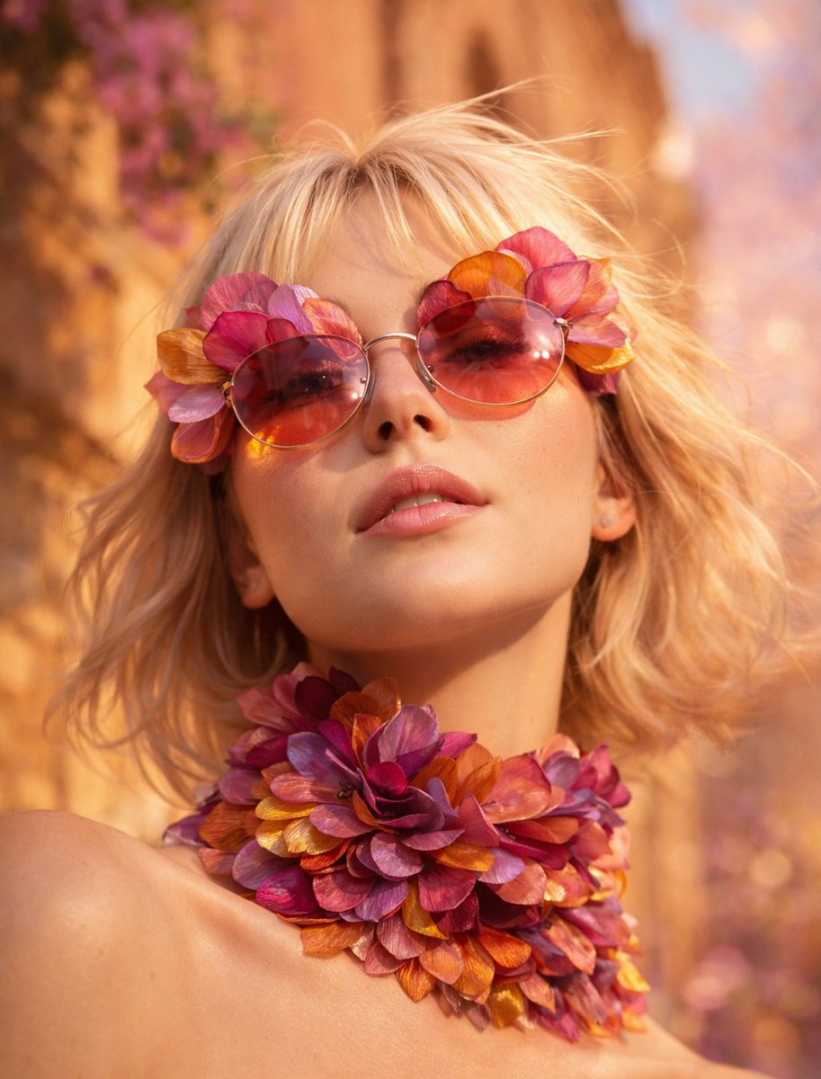 Low angle close up portrait of a platinum blonde woman wearin...