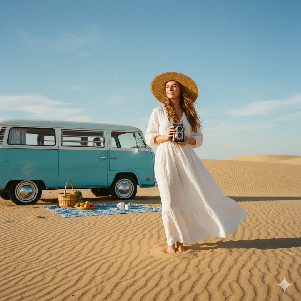 A wide shot of a woman in an airy white linen maxi dress and...