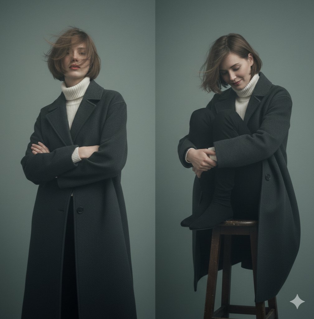 Left Pane: A young woman with a bob haircut stands facing the...