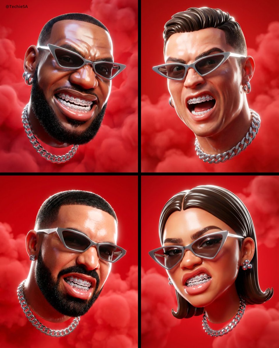 A hyper stylized, dynamic 3D head portrait floats against a v...