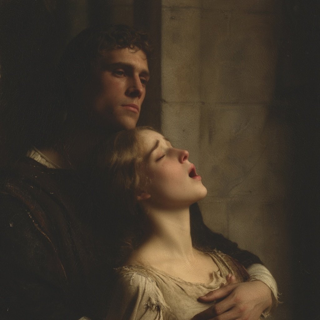 A melancholic medieval young woman with a soft, sorrowful gaz...