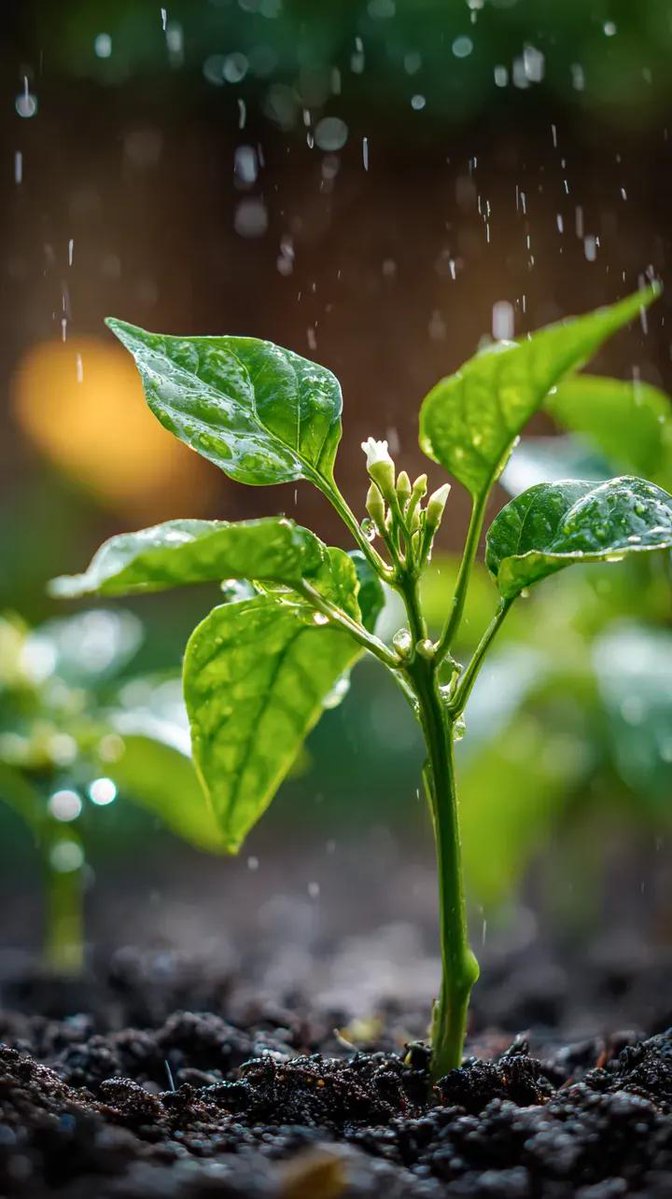 A small chili plant with glossy green leaves and one tiny whi...