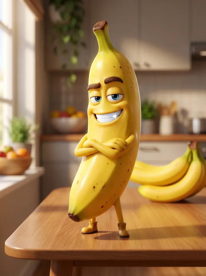 A Pixar style 3D animated character of a single banana. Hands...