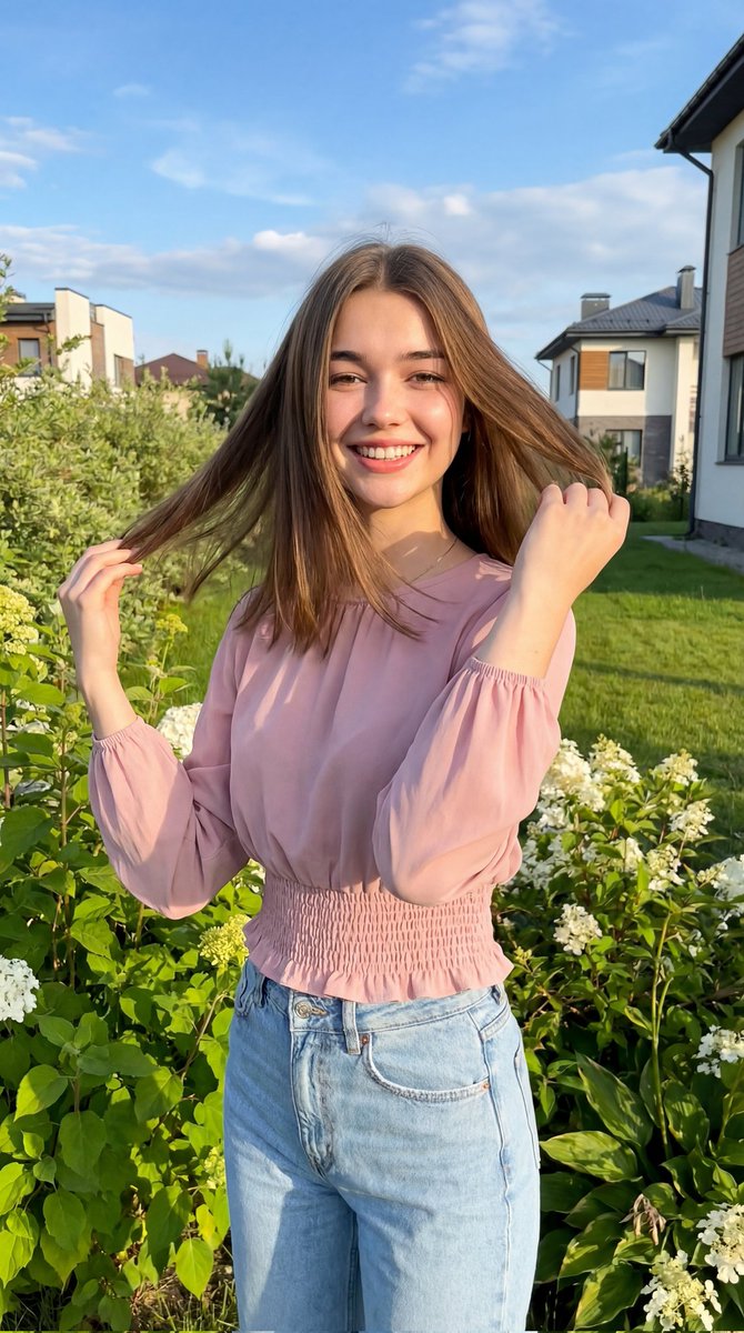 A cheerful young woman standing outdoors in a lush green gard...