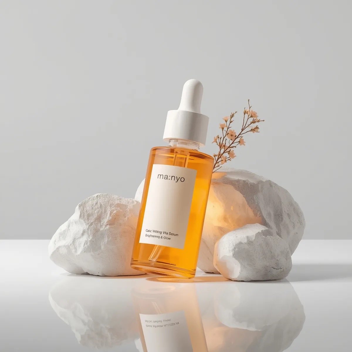 Minimalist studio product photography of an amber glass dropp...