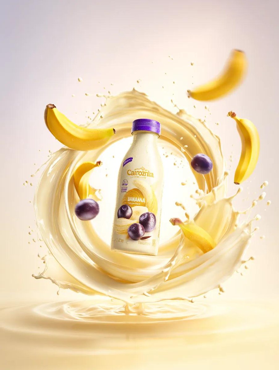 Premium banana milk drink bottle surrounded by swirling milk...