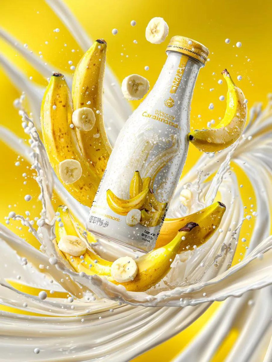 Premium banana milk drink bottle surrounded by swirling milk...