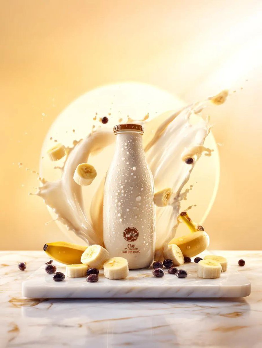 Premium banana milk drink bottle surrounded by swirling milk...