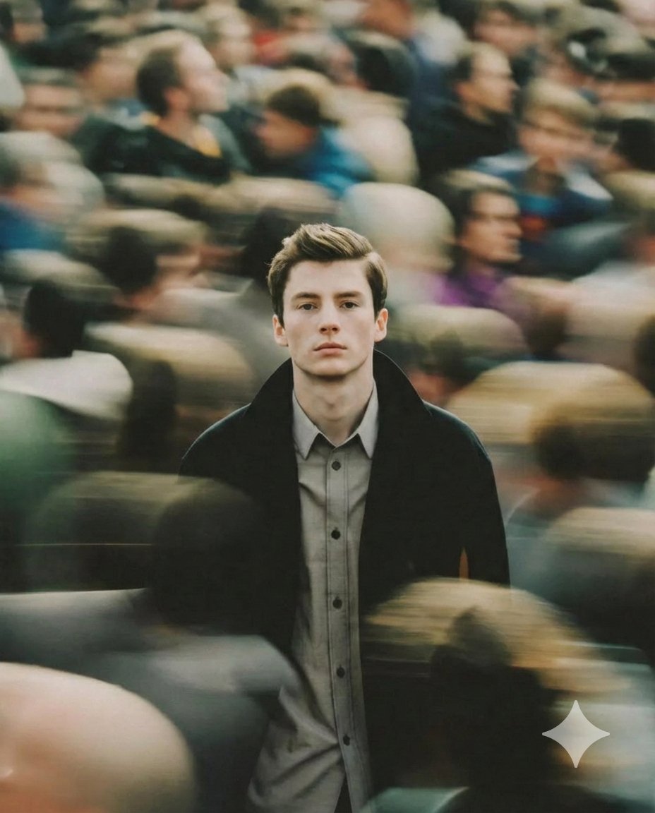 A cinematic portrait of a young man standing still in the mid...