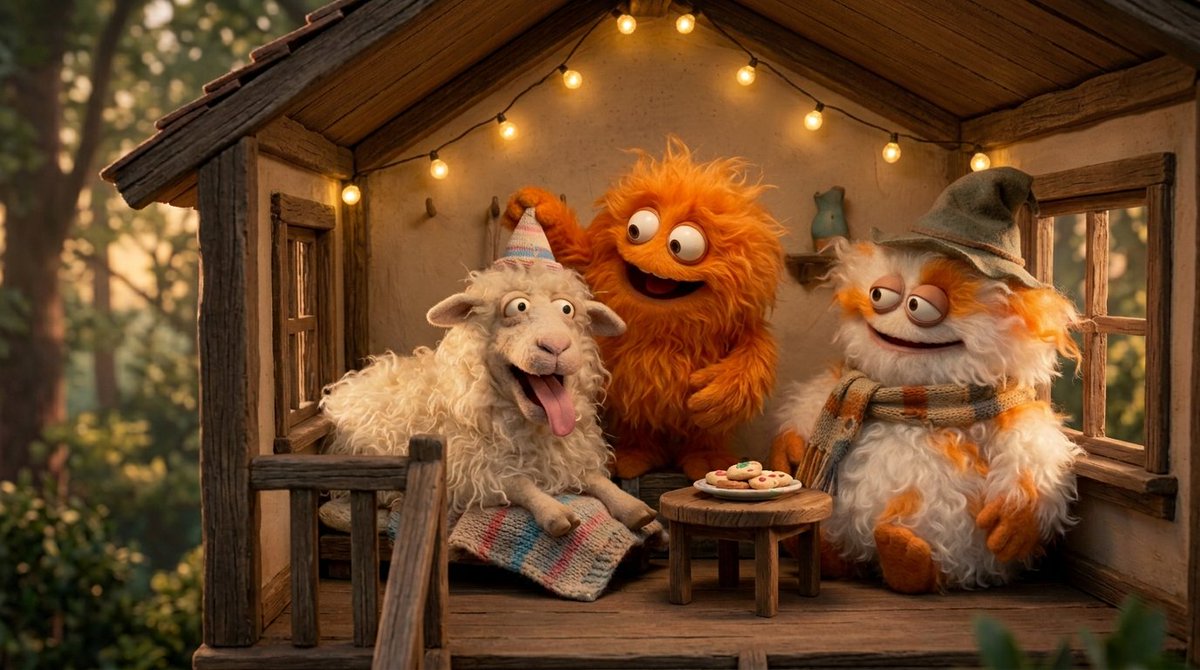 Create a funny 4 part story featuring 3 fluffy creatures buil...