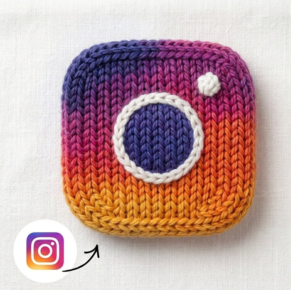 Instagram logo made from thick knitted wool yarn, handcrafted...
