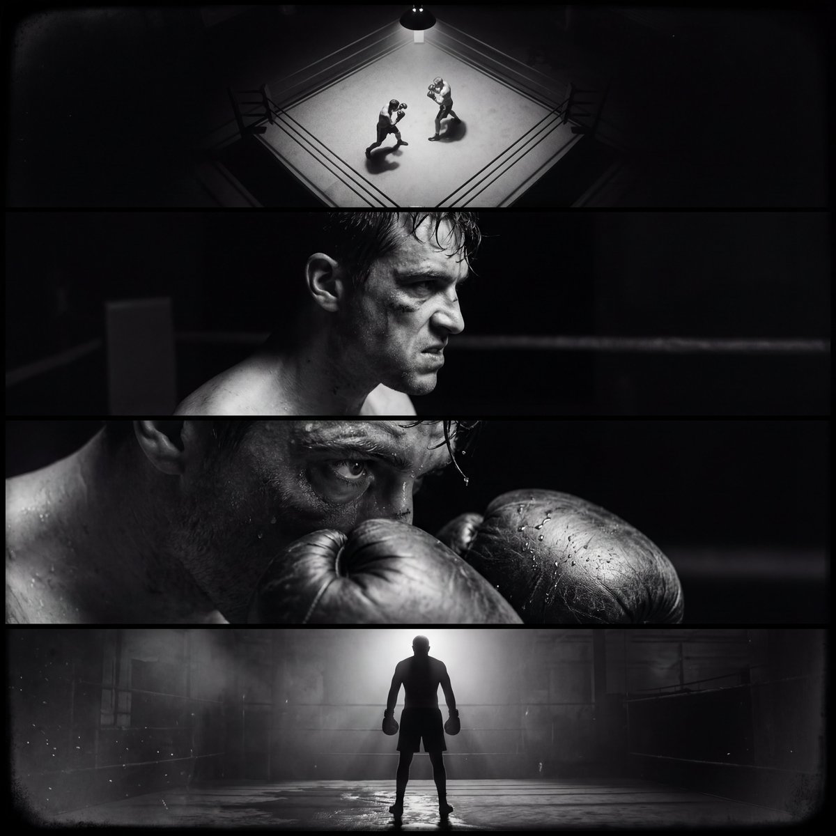 Create a single film noir–style cinematic image divided into...