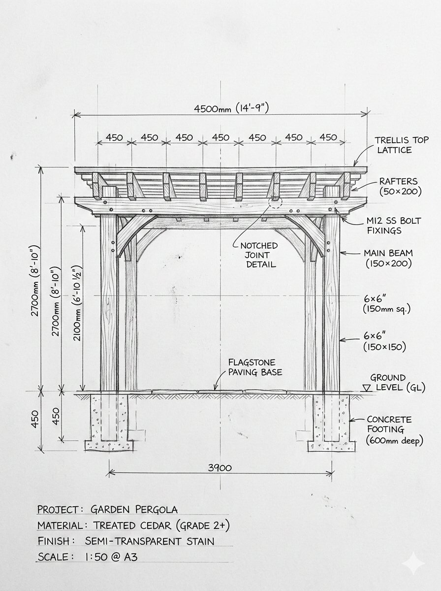 Pergola Blueprint Prompt: Hand drawn architectural pencil ske...