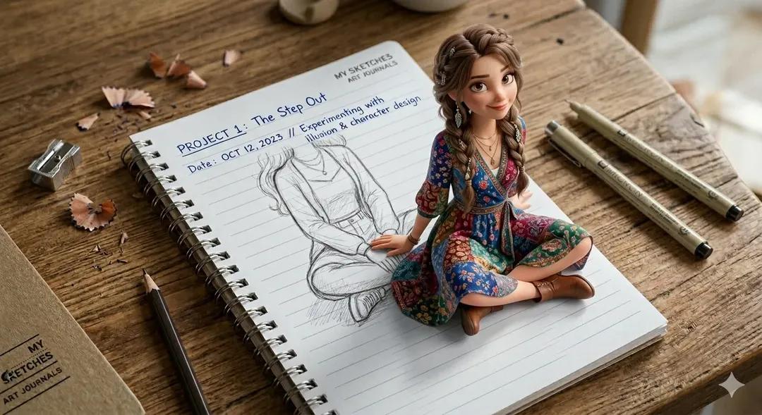 A creative 3D illusion artwork of a cute young girl stepping...