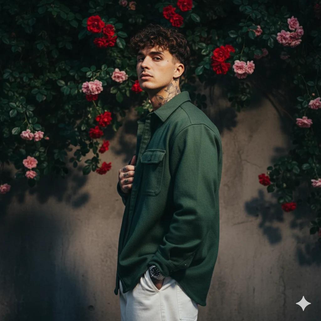 Create a realistic dark green portrait cinematic image with d...