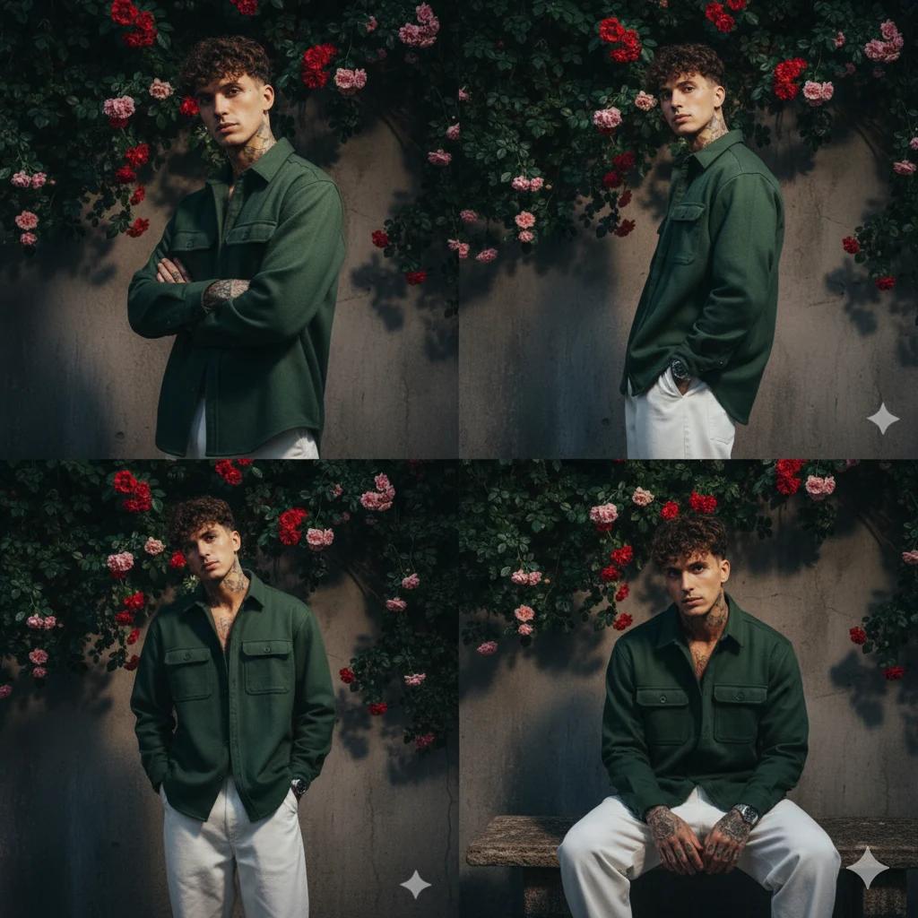 Create a realistic dark green portrait cinematic image with d...