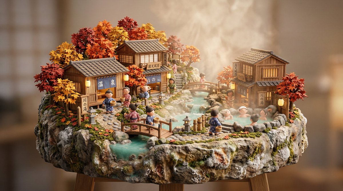 3D miniature scene, a [JAPANESE ONSEN VILLAGE] with [wooden b...