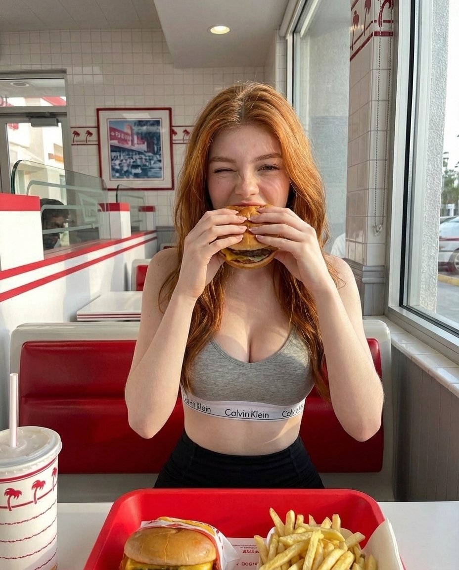 "prompt": "A young red haired woman sitting inside a bright r...