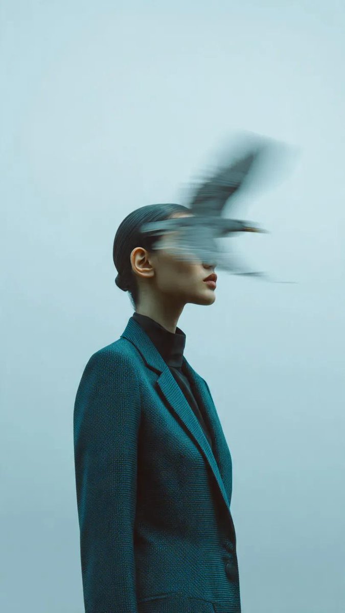 Editorial photography, a woman wearing a structured deep teal...