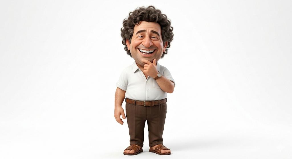 A highly detailed 3D caricature of a cheerful man with an ove...