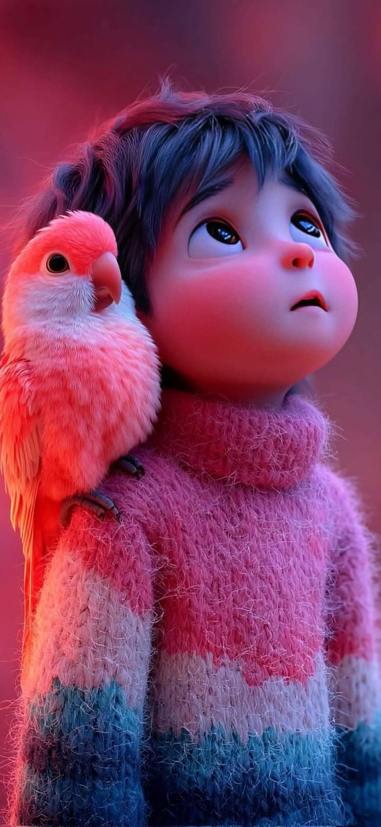 Cute stylized 3D animated boy with messy fluffy blue hair and...