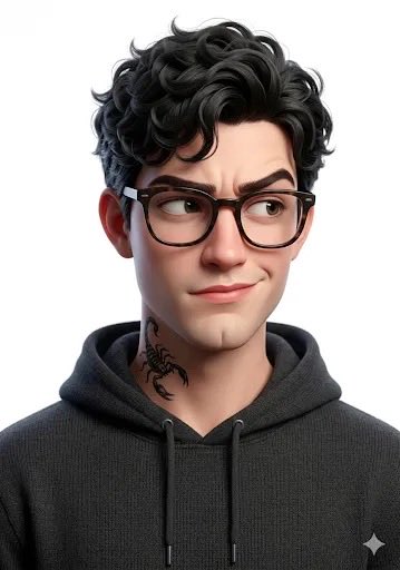 3D stylized character portrait of a young man, curly dark hai...