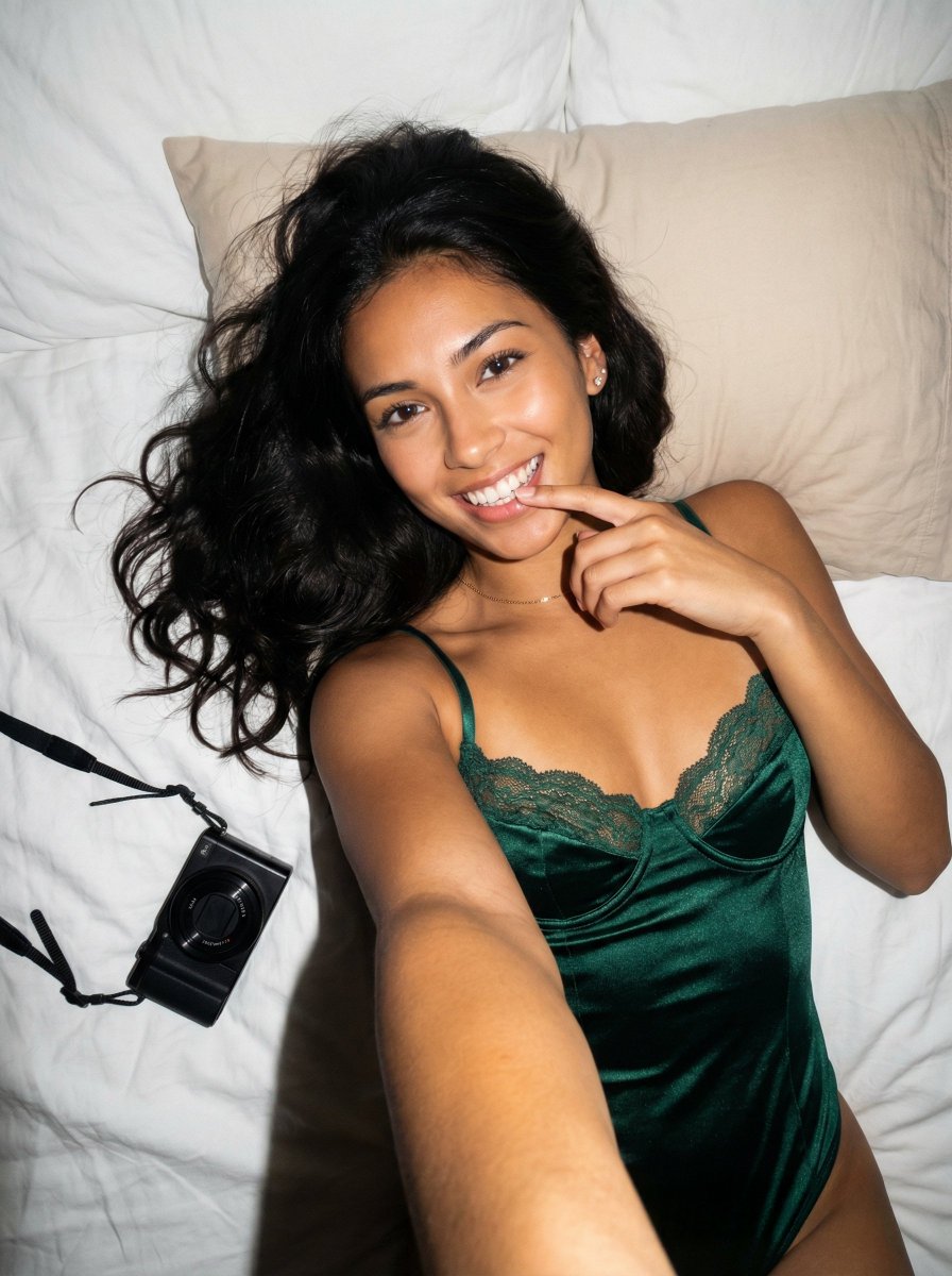 "subject": "A young woman with long, dark, wavy hair spread o...