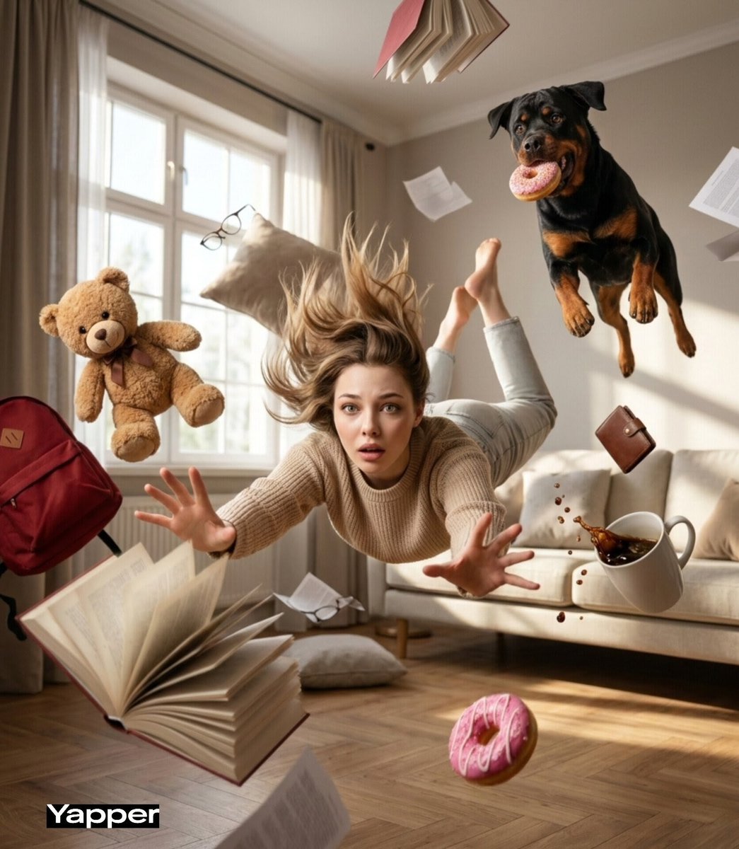 Cinematic surreal scene of a young woman falling forward thro...