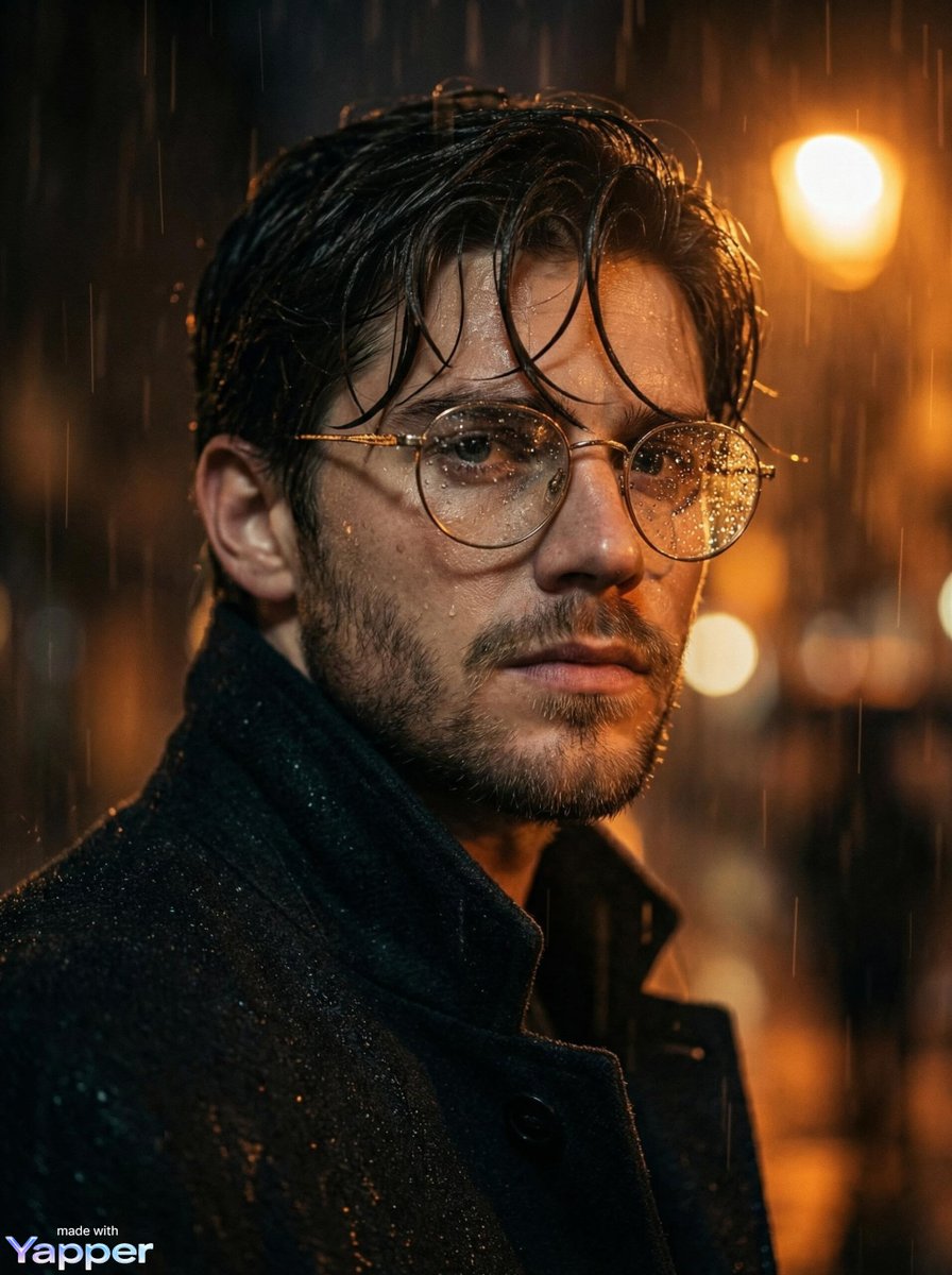 Cinematic close up portrait of a young man standing in heavy...