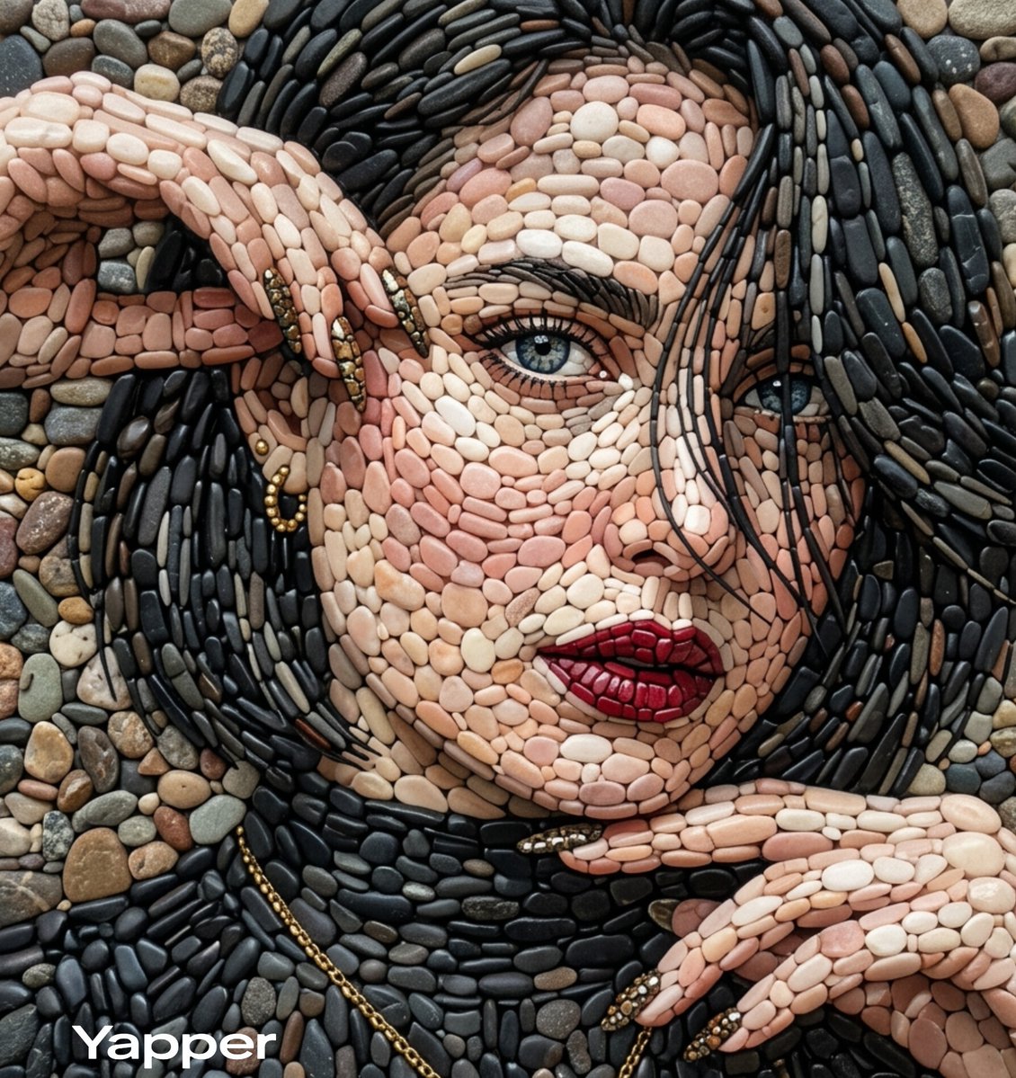 A highly detailed pebble mosaic portrait of a beautiful woman...