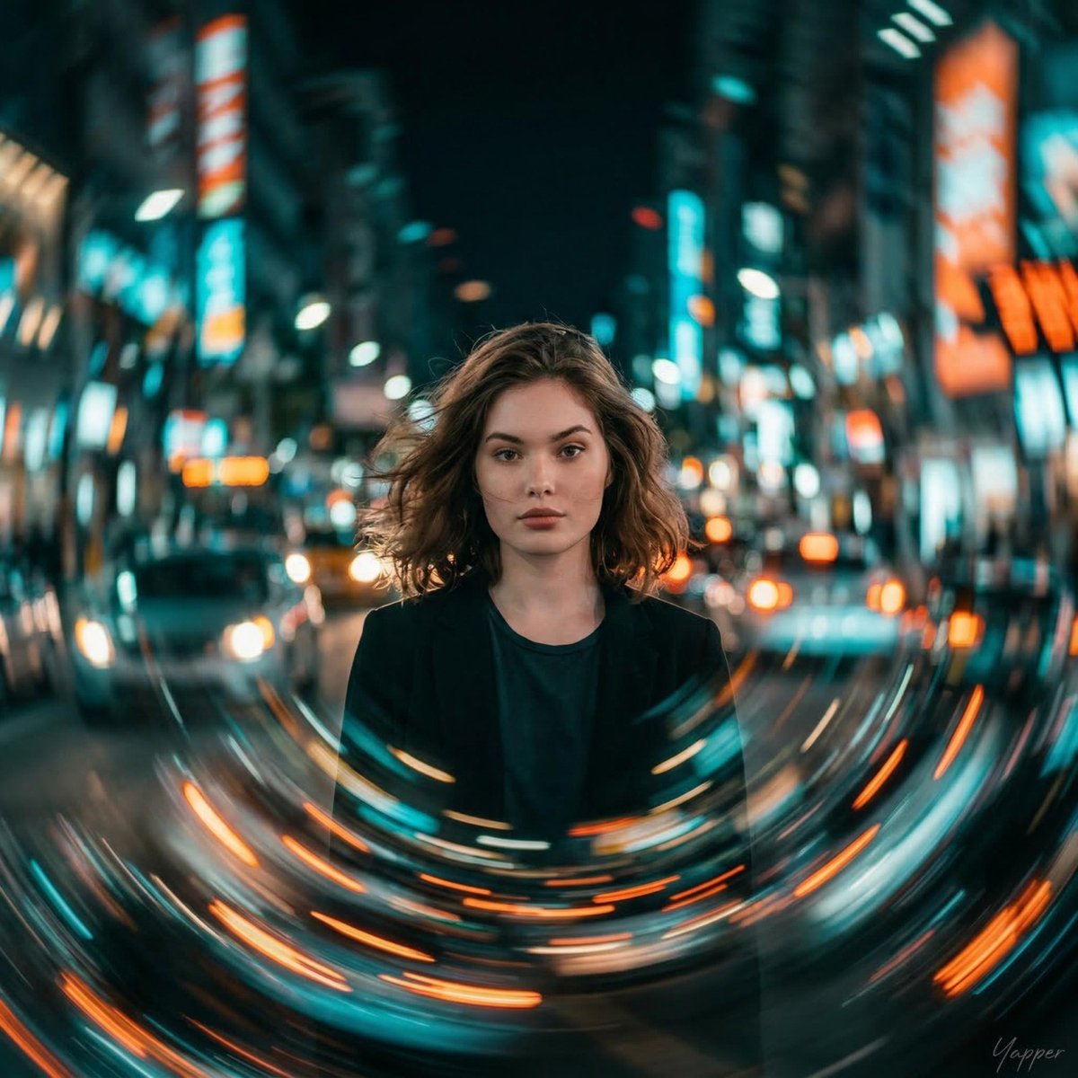 cinematic portrait of a young woman standing perfectly still...